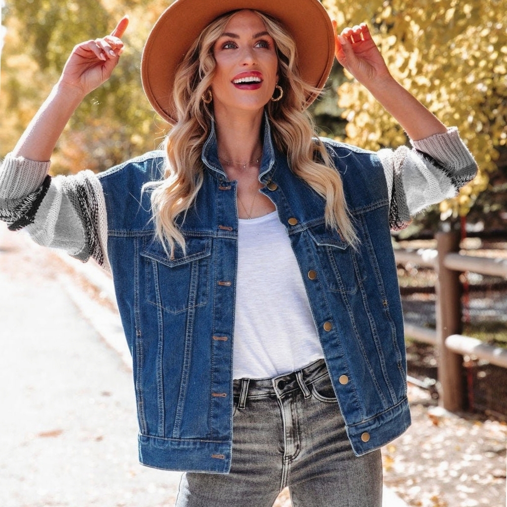 LEVI'S Jacket💝Dark Blue Boyfriend Denim Jean Jacket| Knit Sleeve